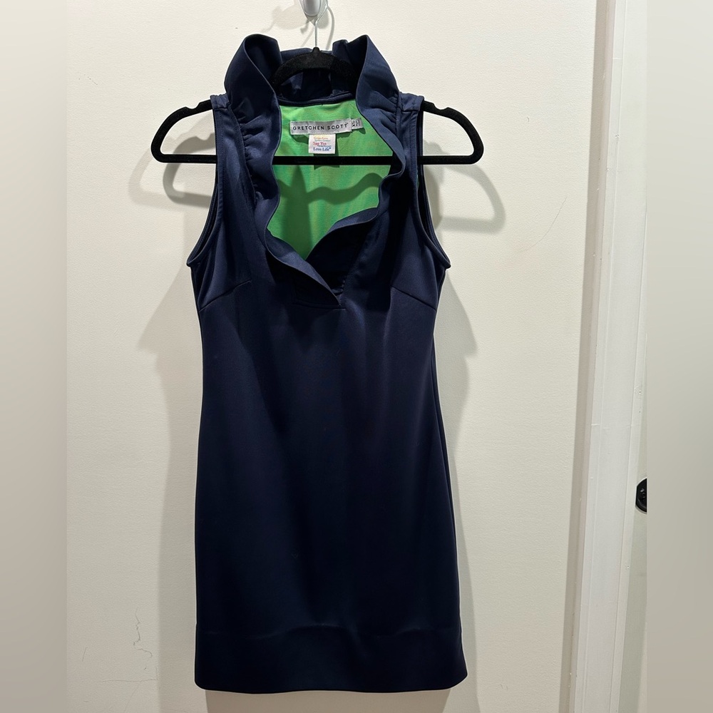 Gretchen Scott XS navy blue ruffle neck sleeveless dress